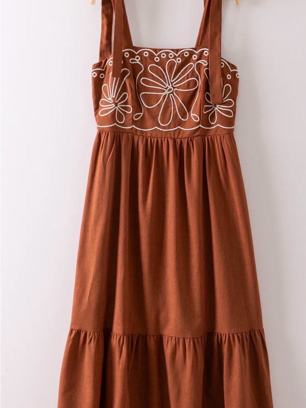 Embroidered Rust Midi Sundress with Tie Straps